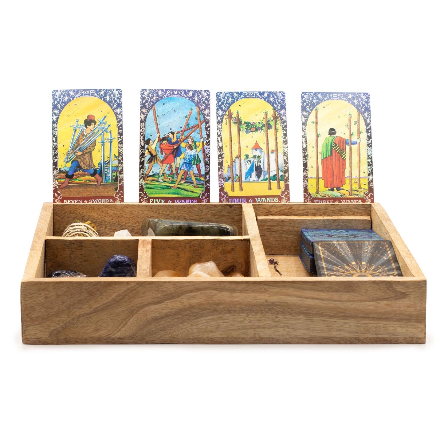 Spirituell gravierte Tarotbox im breiteren Format mit 4 Fächern