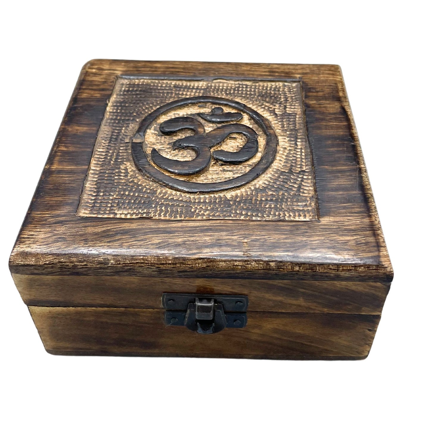 Quadratische Holz-Schatzkiste mit Om-Symbol, handgeschnitzt