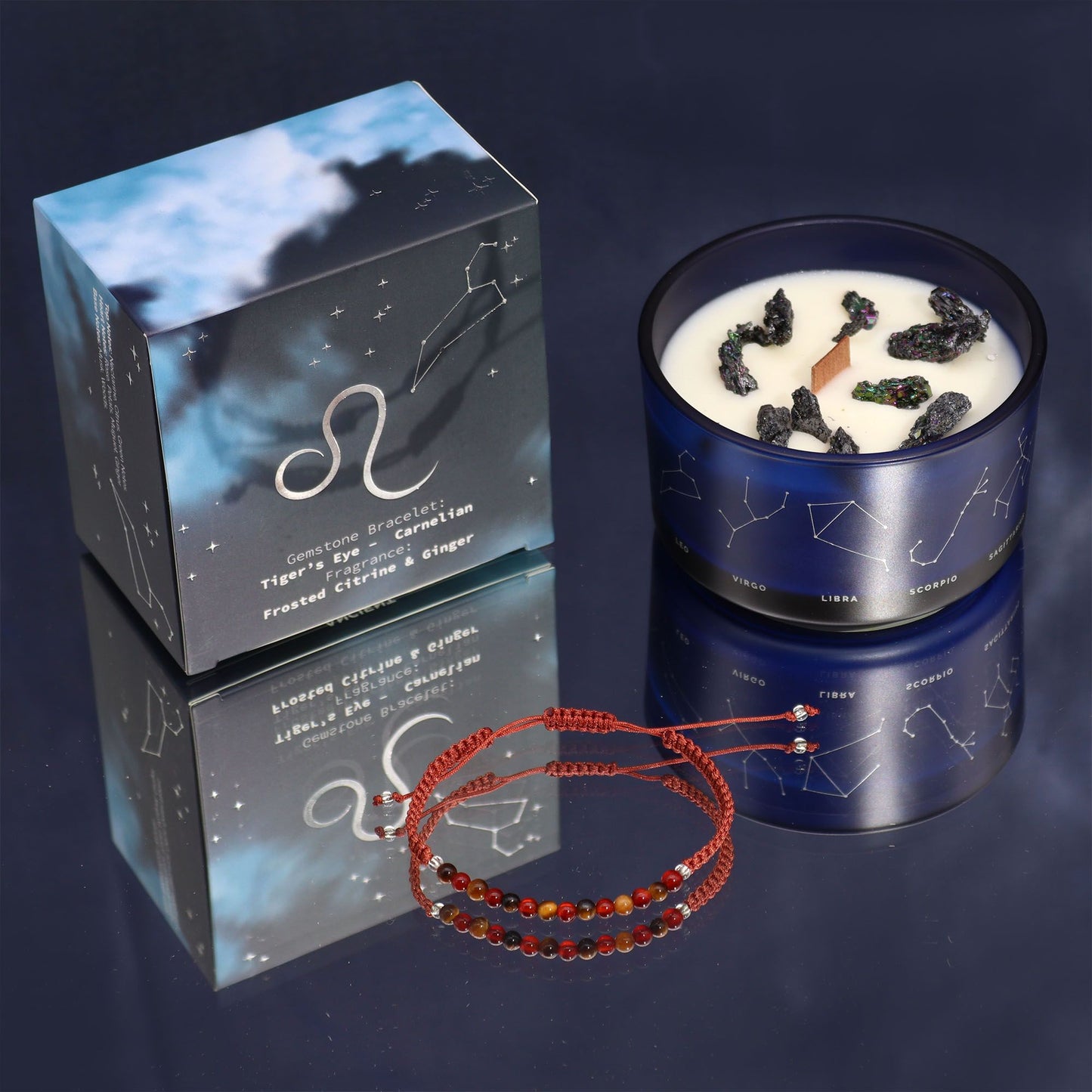 Zodiac Crystal Kerze mit Edelsteinarmband – Sternzeichen Löwe