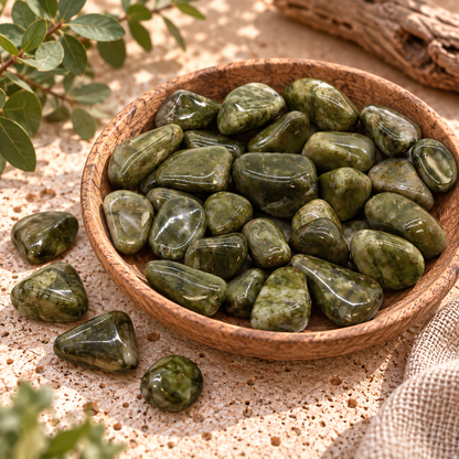 24 kleine afrikanische Trommelsteine aus Epidote Snowflake