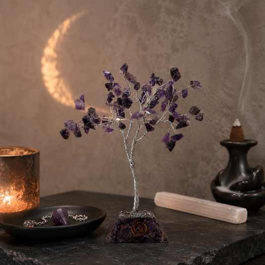 Edelsteinbaum mit Organit-Sockel – 80 Steine – Amethyst