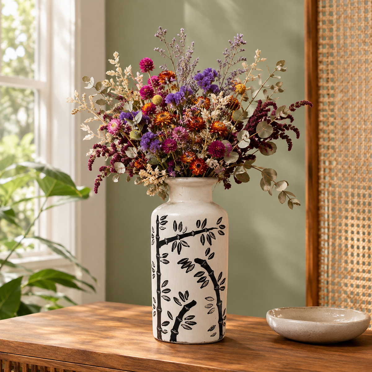 Gerade Vase mit Bambusmotiv, in Naturfarben aus Keramik
