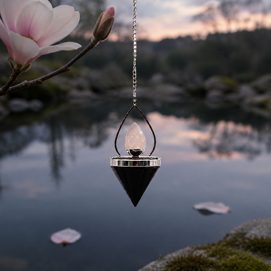 Pendulum aus schwarzem Achat und Rosenquarz