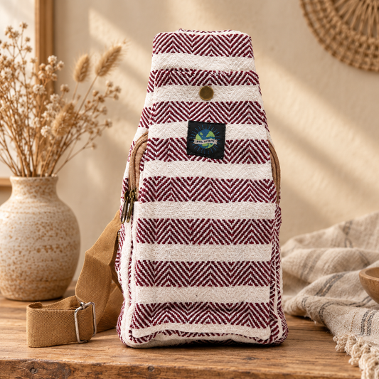 Crossbody Bag aus Baumwolle - Burgund & Weiß