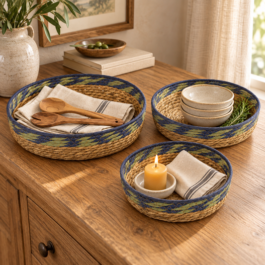 3er Set Seegras Körbe mit Stroh
