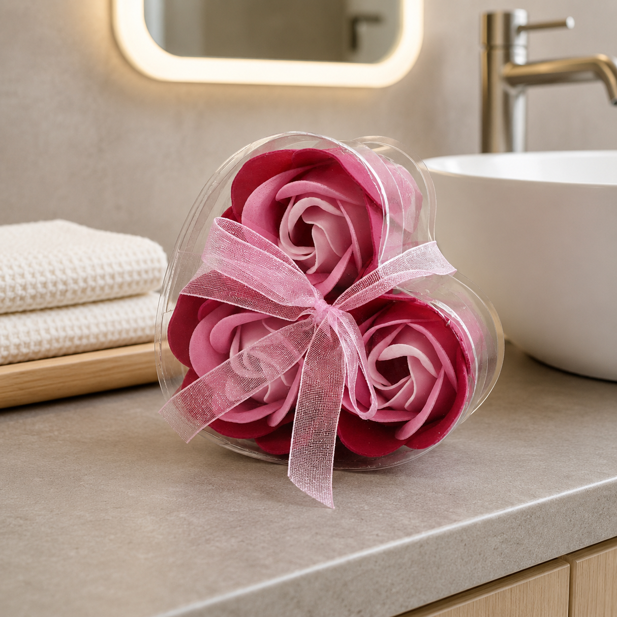 3er-Set Seifenblumen in Herzbox – Rosa Rosen