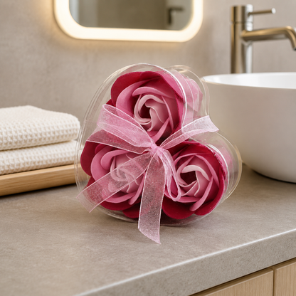3er-Set Seifenblumen in Herzbox – Rosa Rosen