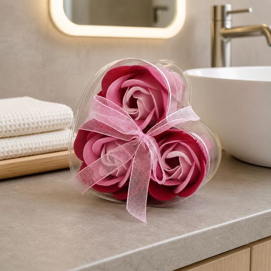 3er-Set Seifenblumen in Herzbox – Rosa Rosen