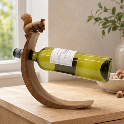 Weinflaschenhalter Eichhörnchen handgefertigt aus Suar-Holz