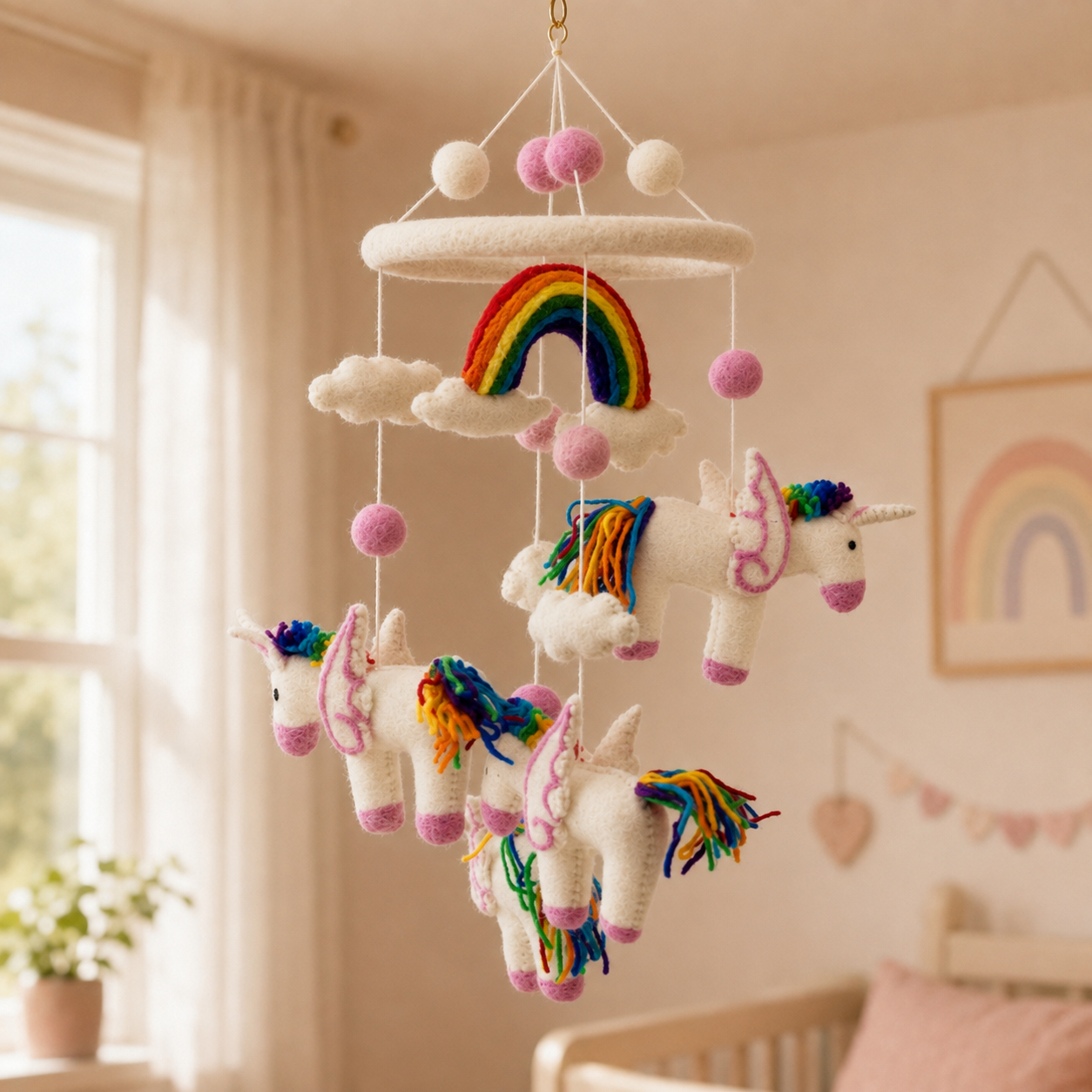 Handgefertigtes Filz-Mobile – Regenbogen-Einhörner