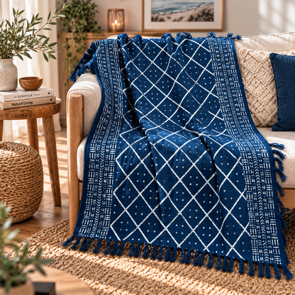 Handgefertigte Indigo-Decke - 170x120cm - Midnight Heerak