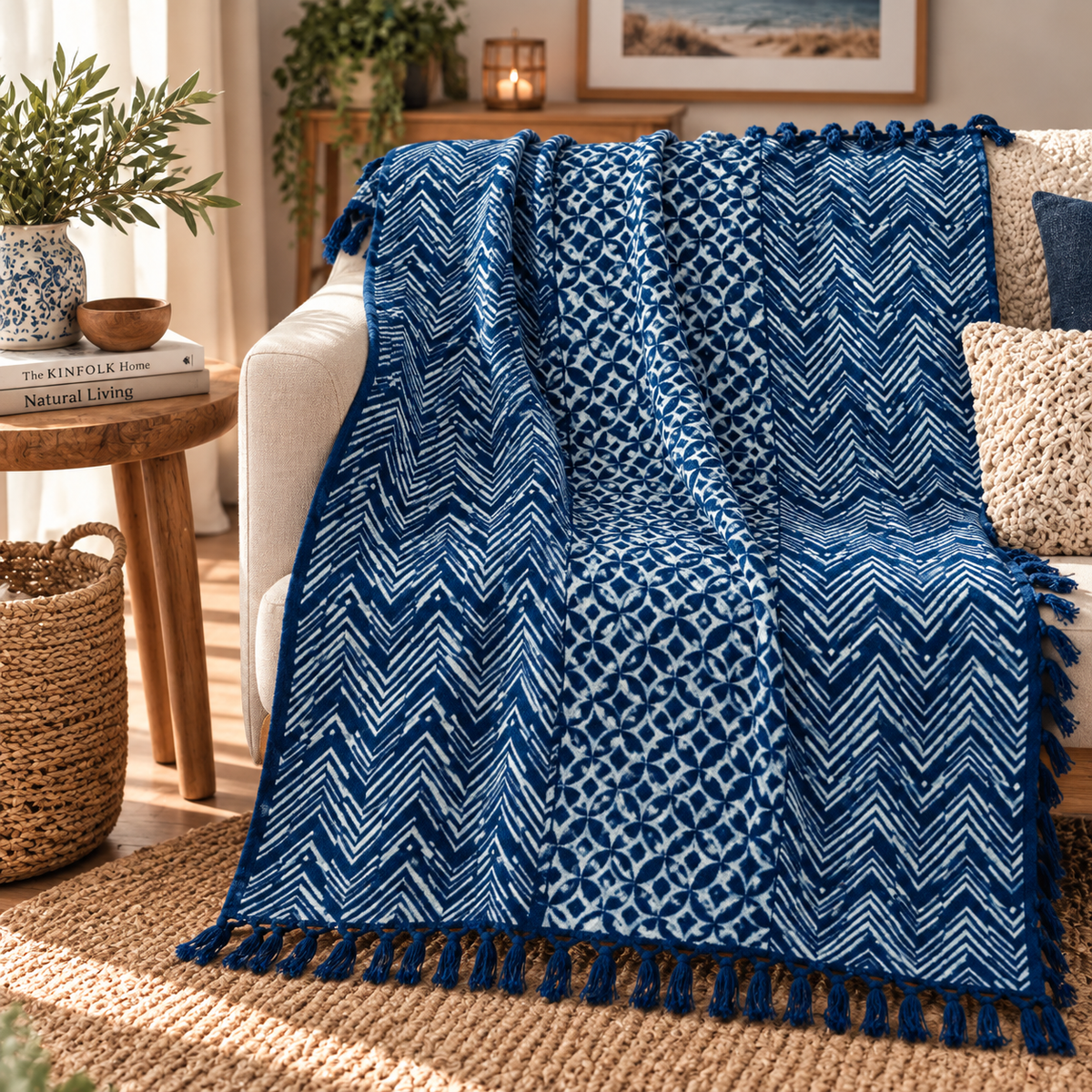 Handgefertigte Indigo-Decke - 170x120cm - Namoona Waves