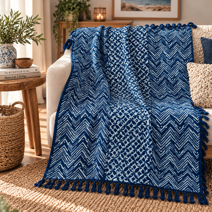 Handgefertigte Indigo-Decke - 170x120cm - Namoona Waves