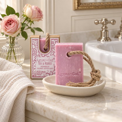Handgemachte Tea & Roses Seife an der Kordel mit floralem Duft
