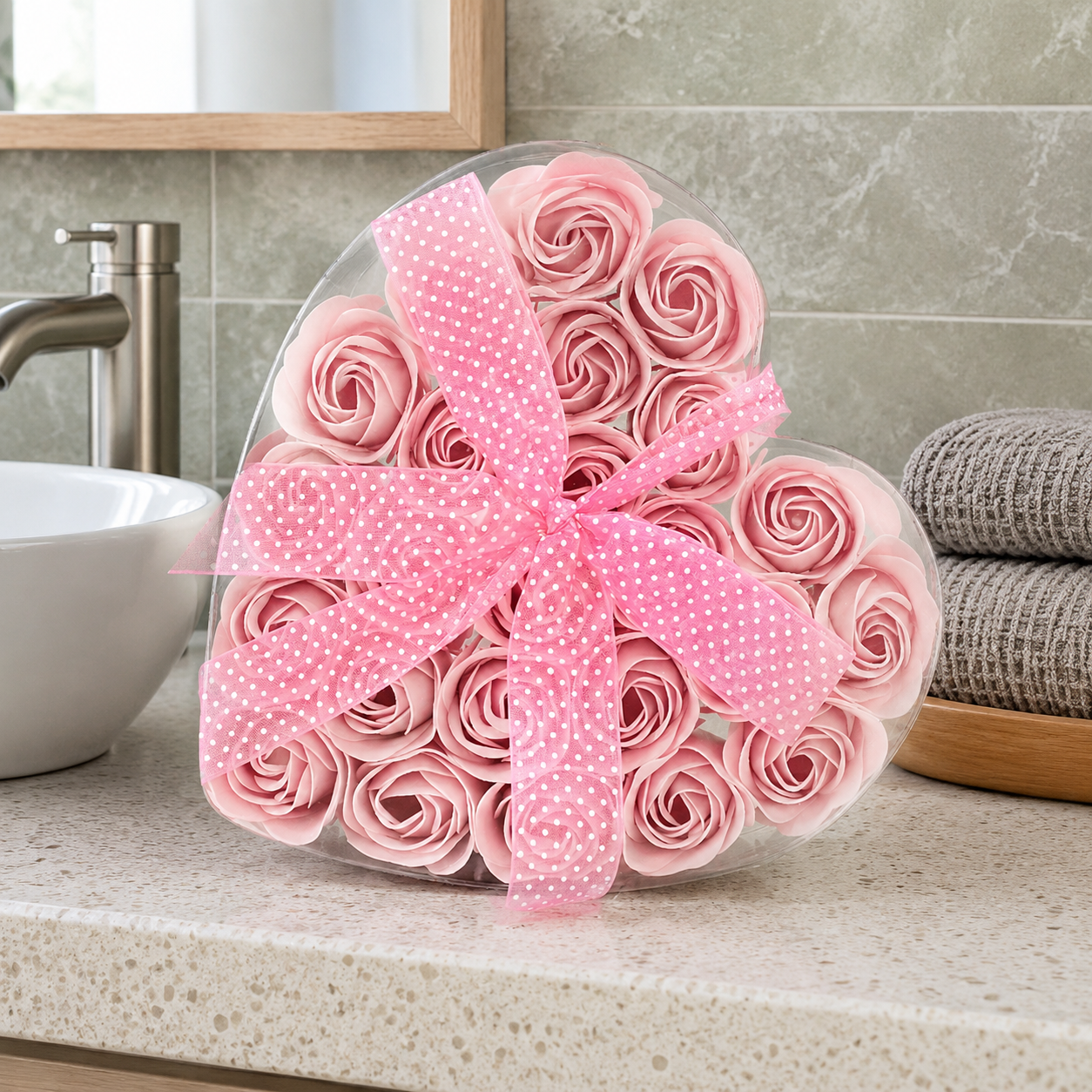 Set mit 24 pinken Rosen in Geschenkbox - Seifenblumen