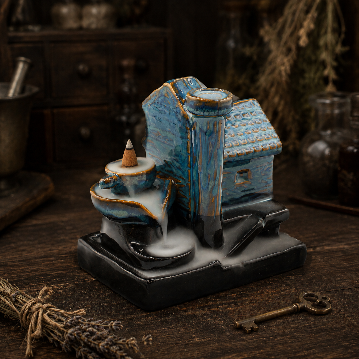 Backflow Incense Burner Watermill House aus Keramik