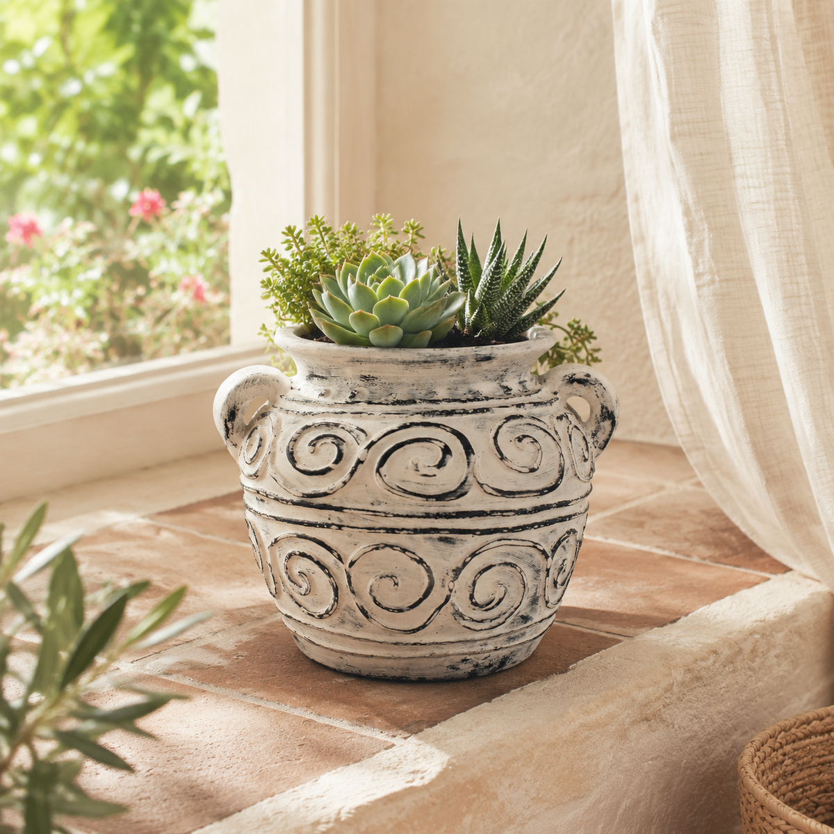 Griechischer Ton-Blumentopf mit Griffen – Creme 15cm