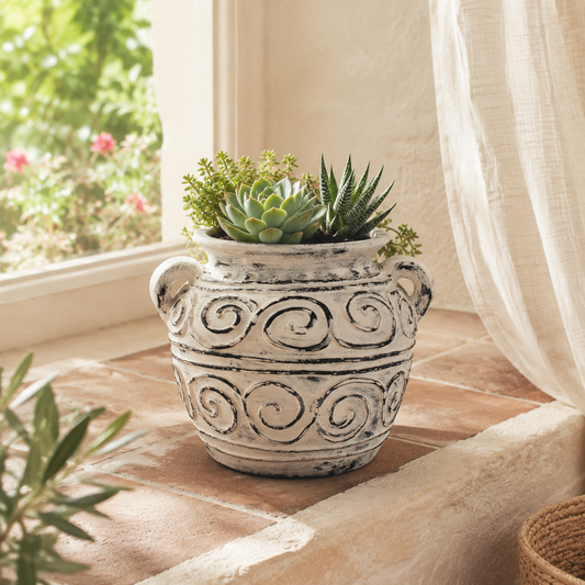 Griechischer Ton-Blumentopf mit Griffen – Creme 15cm