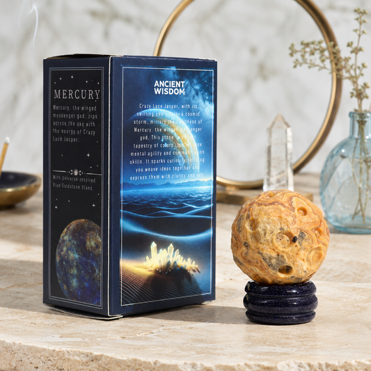 Planet aus Crazy Lace Jasper auf einem Sola Goldstone-Ständer - Merkur