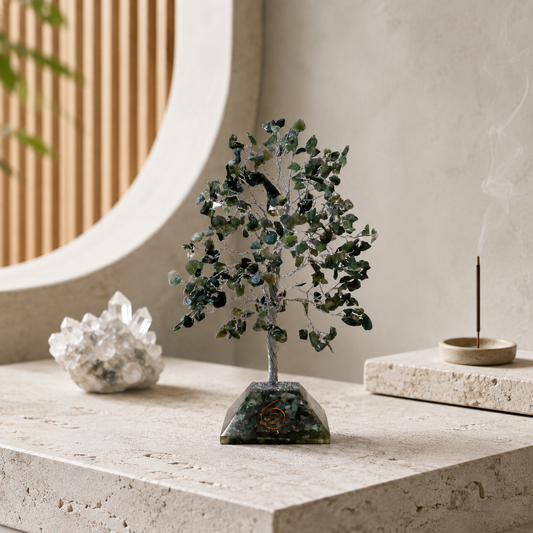 Edelsteinbaum mit Organit-Sockel – 320 Steine – Moosachat