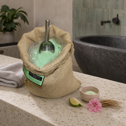 Aromatherapie Badesalz mit Bergamotte Geranie und Vetiver 7 kg im Jutesack