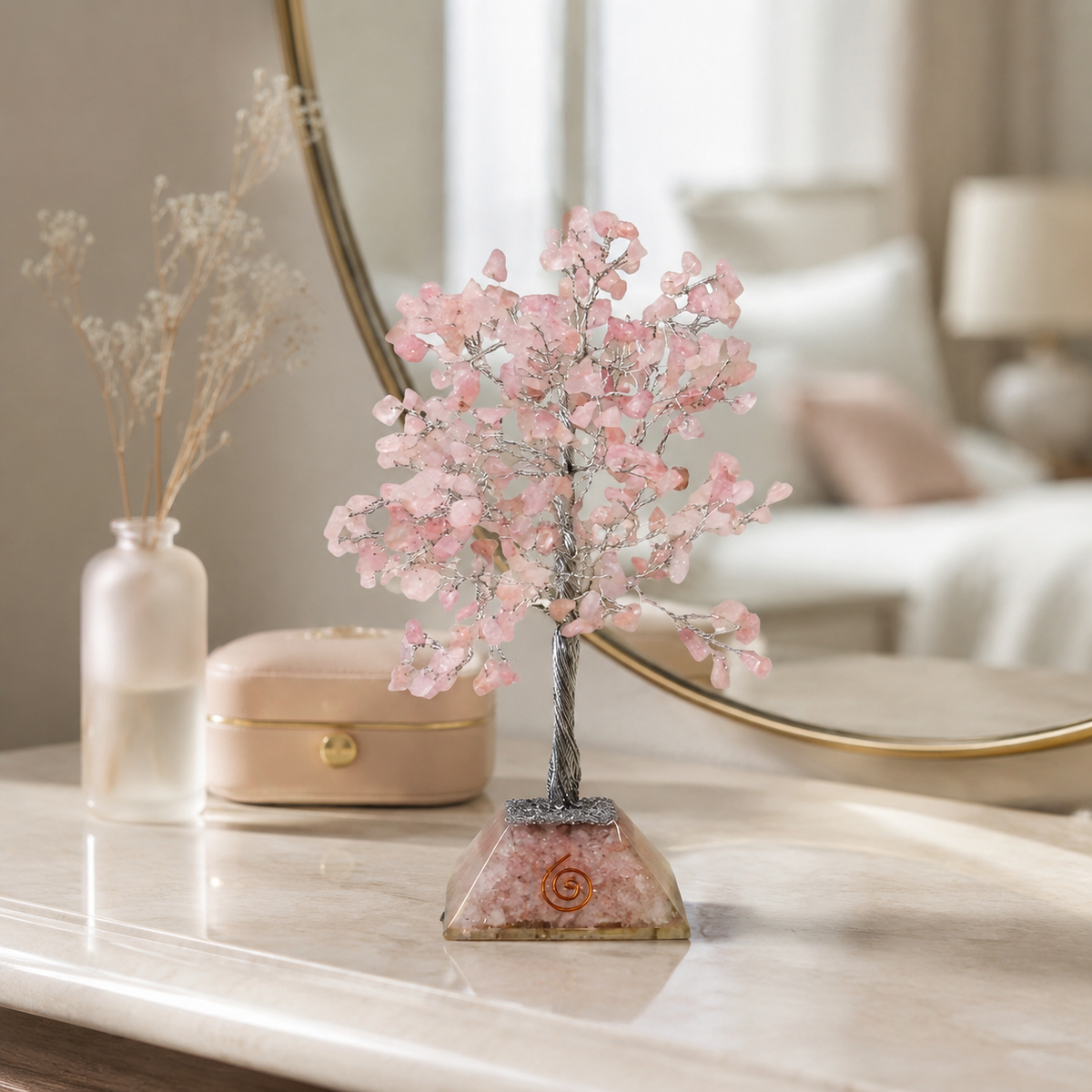 Edelsteinbaum mit Organit-Sockel – 320 Steine – Rosenquarz