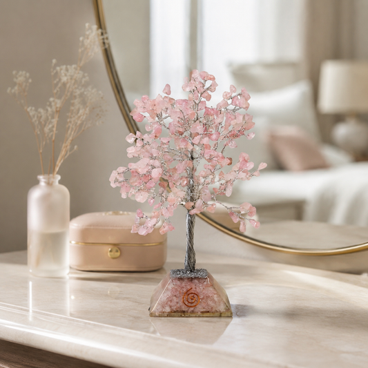 Edelsteinbaum mit Organit-Sockel – 320 Steine – Rosenquarz