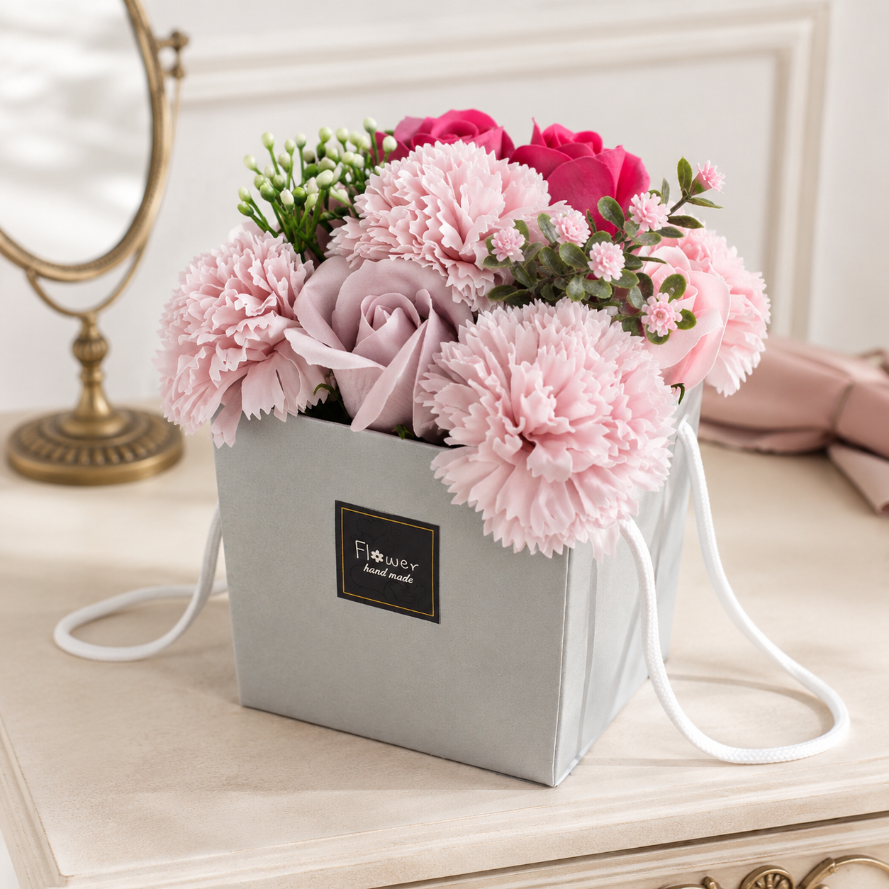 Seifenblumenstrauß – Rosa Rose & Nelke