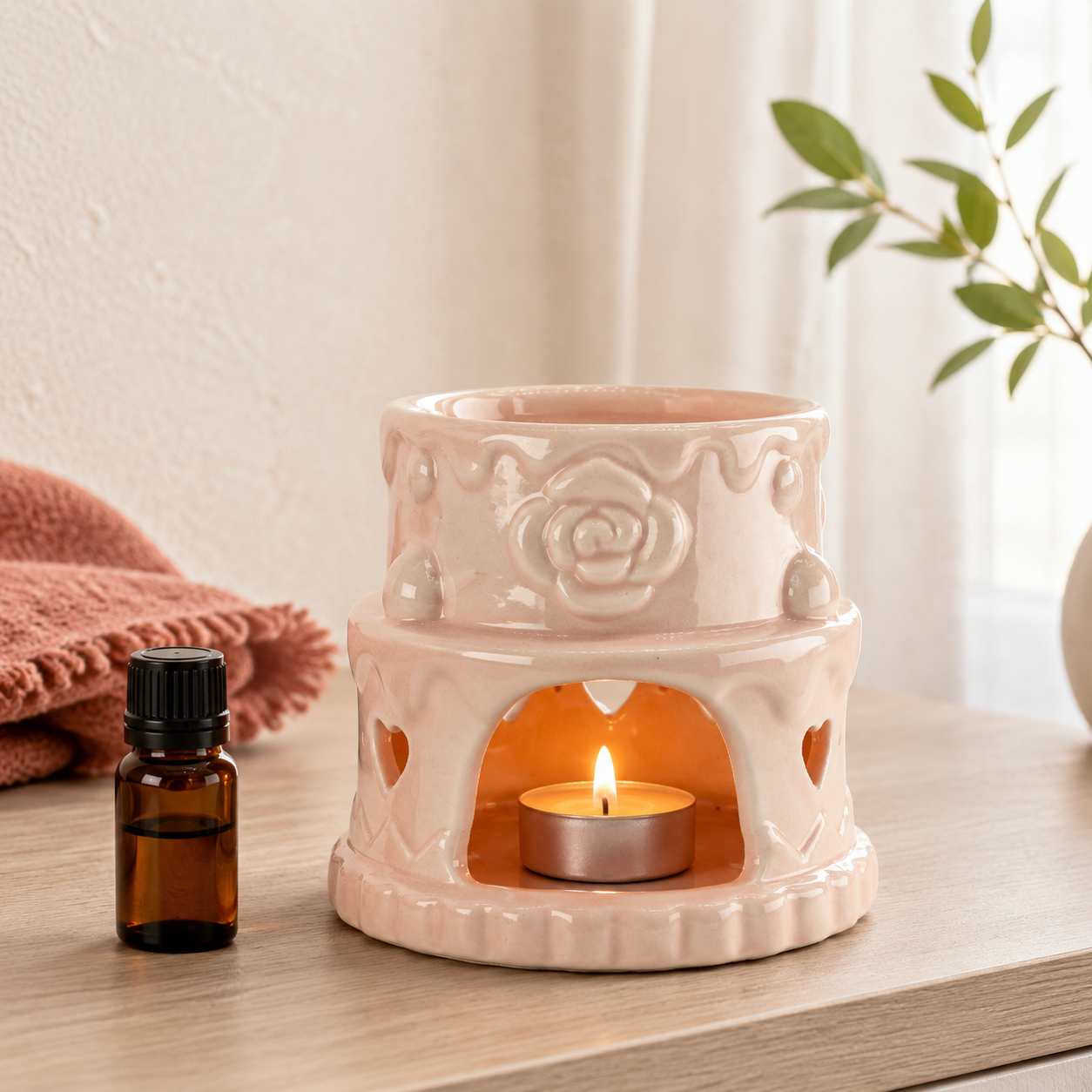Keramik-Ölbrenner mit Herzmotiven in Rosa