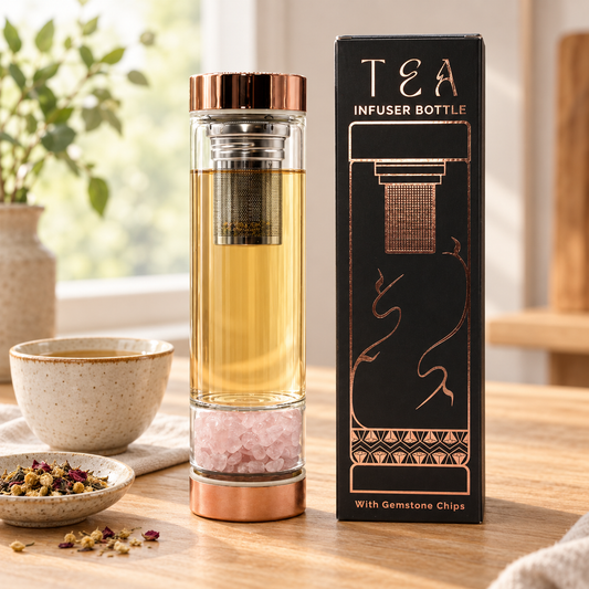 Trinkflasche aus Glas mit Siebeinsatz, 500 ml, mit Rosenquarz