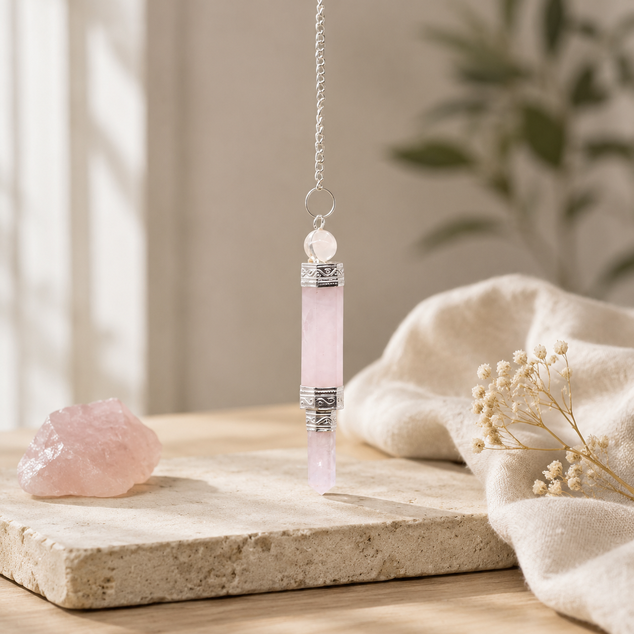 Pendulum aus Rosenquarz mit Silberkette