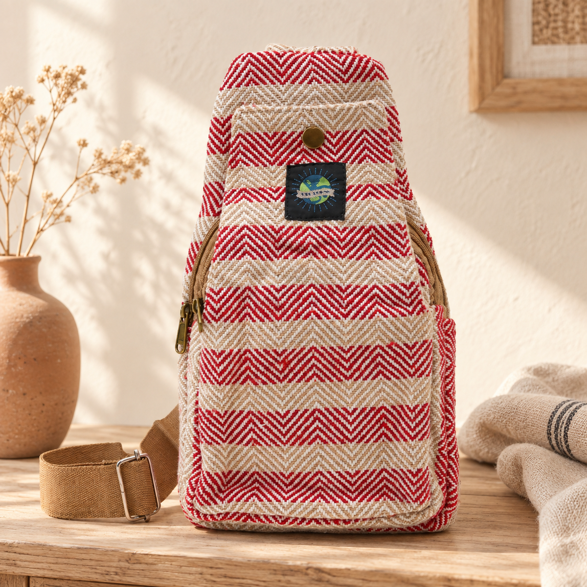Crossbody Bag aus Baumwolle - Beige & Pink