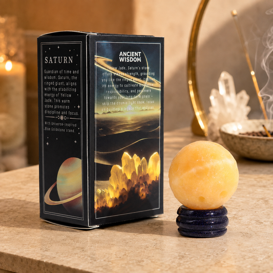 Gelber Jadeplanet auf einem Sola-Goldsteinständer - Saturn