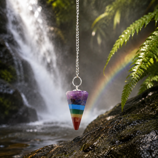 Chakra Pendulum mit 7 Farbabschnitten, facettierte Kegelform