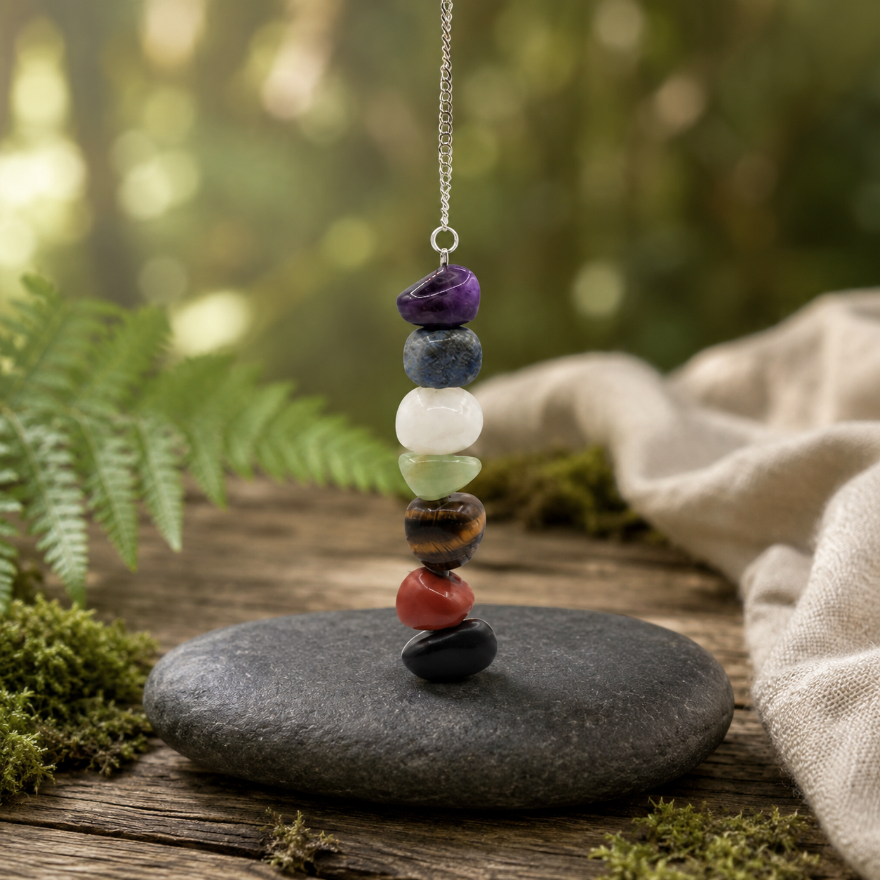Chakra-Pendel mit sieben Trommelsteinen