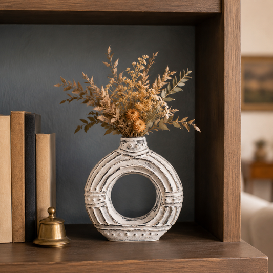 Runde Donut-förmige Vase in Creme aus balinesischer Keramik