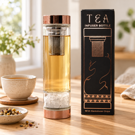 Trinkflasche aus Glas mit Siebeinsatz, 500 ml, mit Bergquarz
