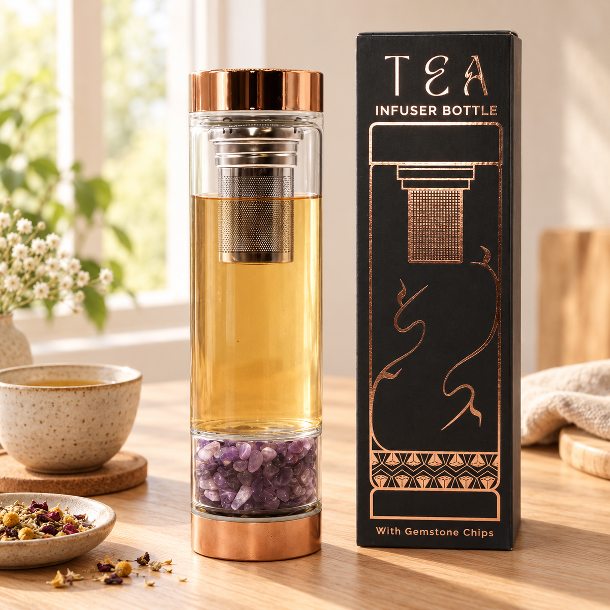 Trinkflasche aus Glas mit Siebeinsatz, 500 ml, mit Amethyst