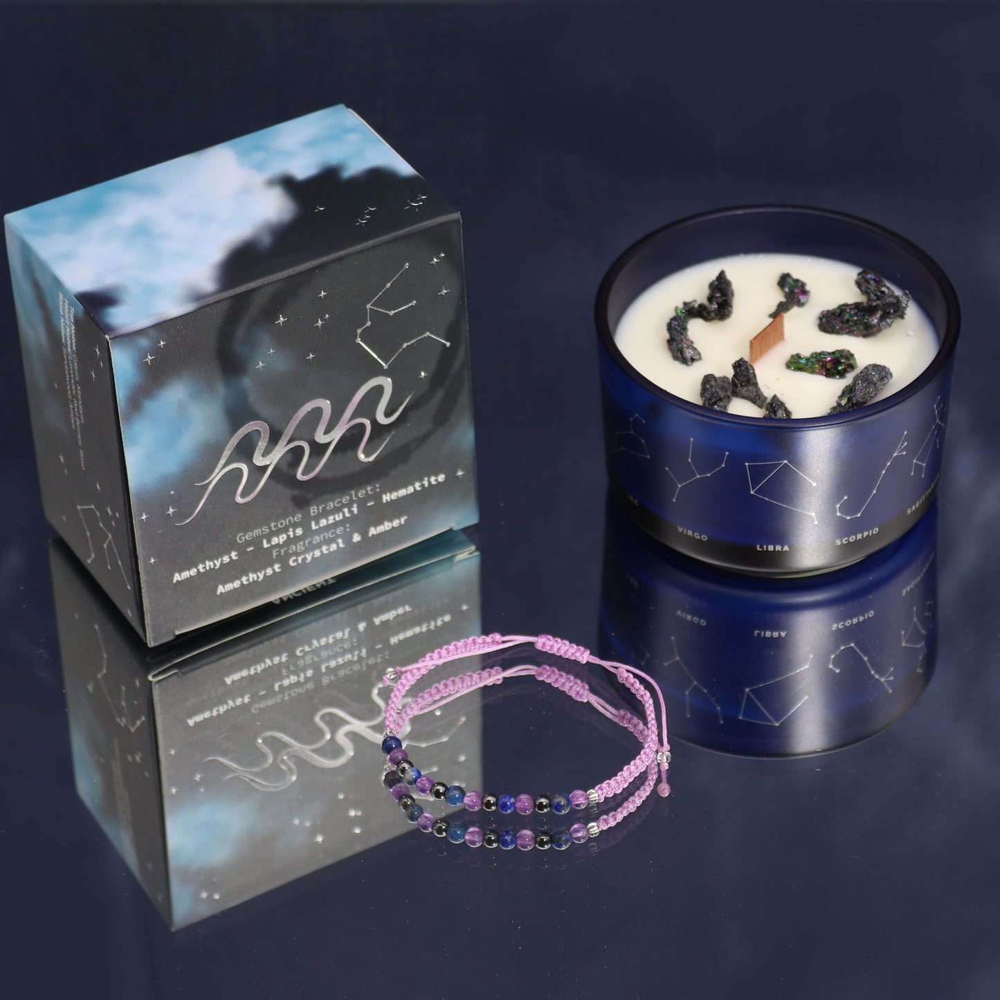 Zodiac Crystal Candle mit Edelsteinarmband – Wassermann