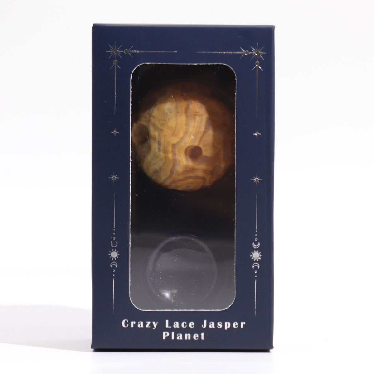 Planet aus Crazy Lace Jasper auf einem Sola Goldstone-Ständer - Merkur