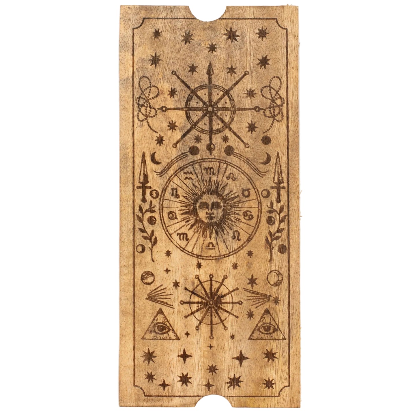 Spirituell gravierte Tarotbox im breiteren Format mit 4 Fächern