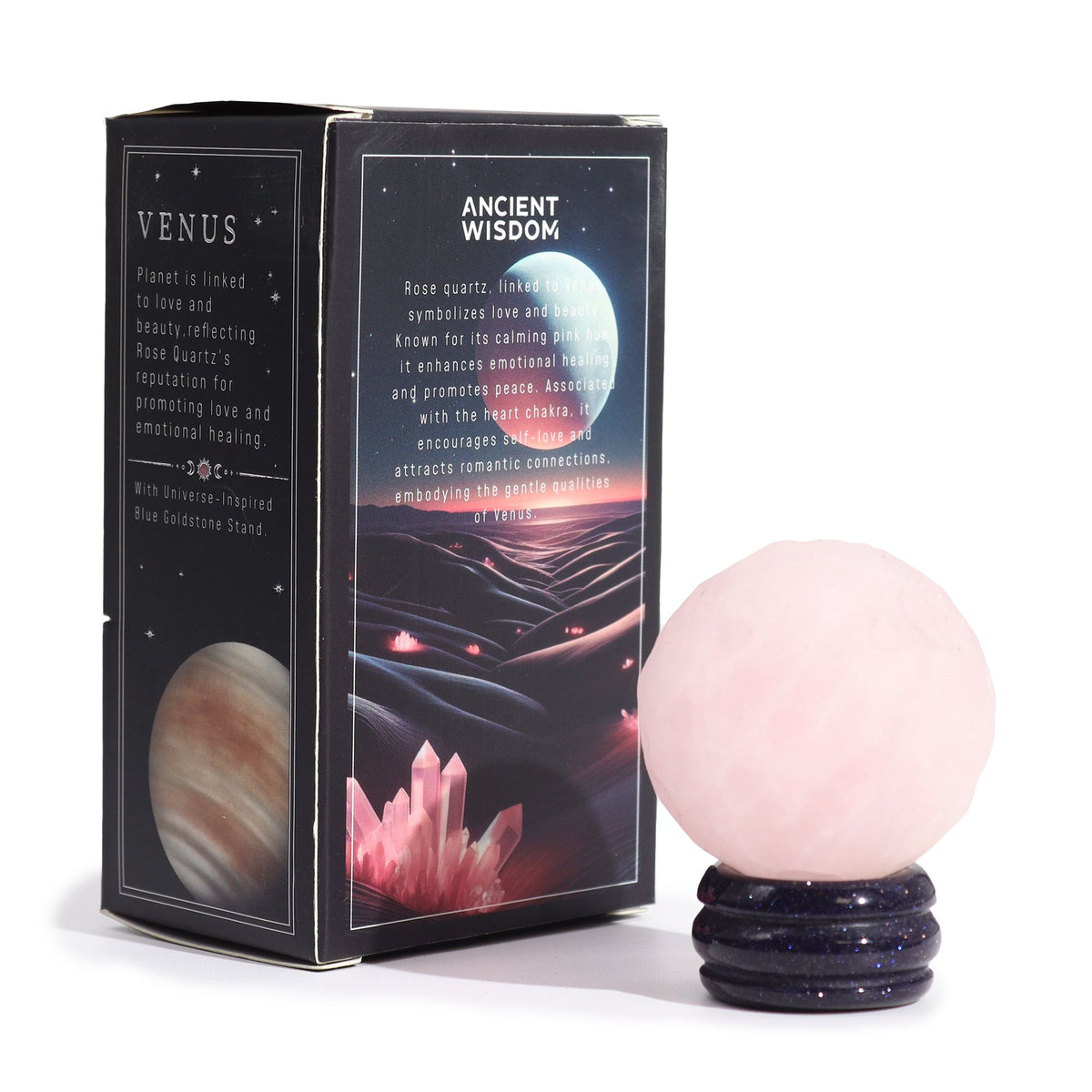 Rosenquarz-Planet auf einem Sola-Goldstein-Ständer - Venus
