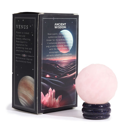 Rosenquarz-Planet auf einem Sola-Goldstein-Ständer - Venus