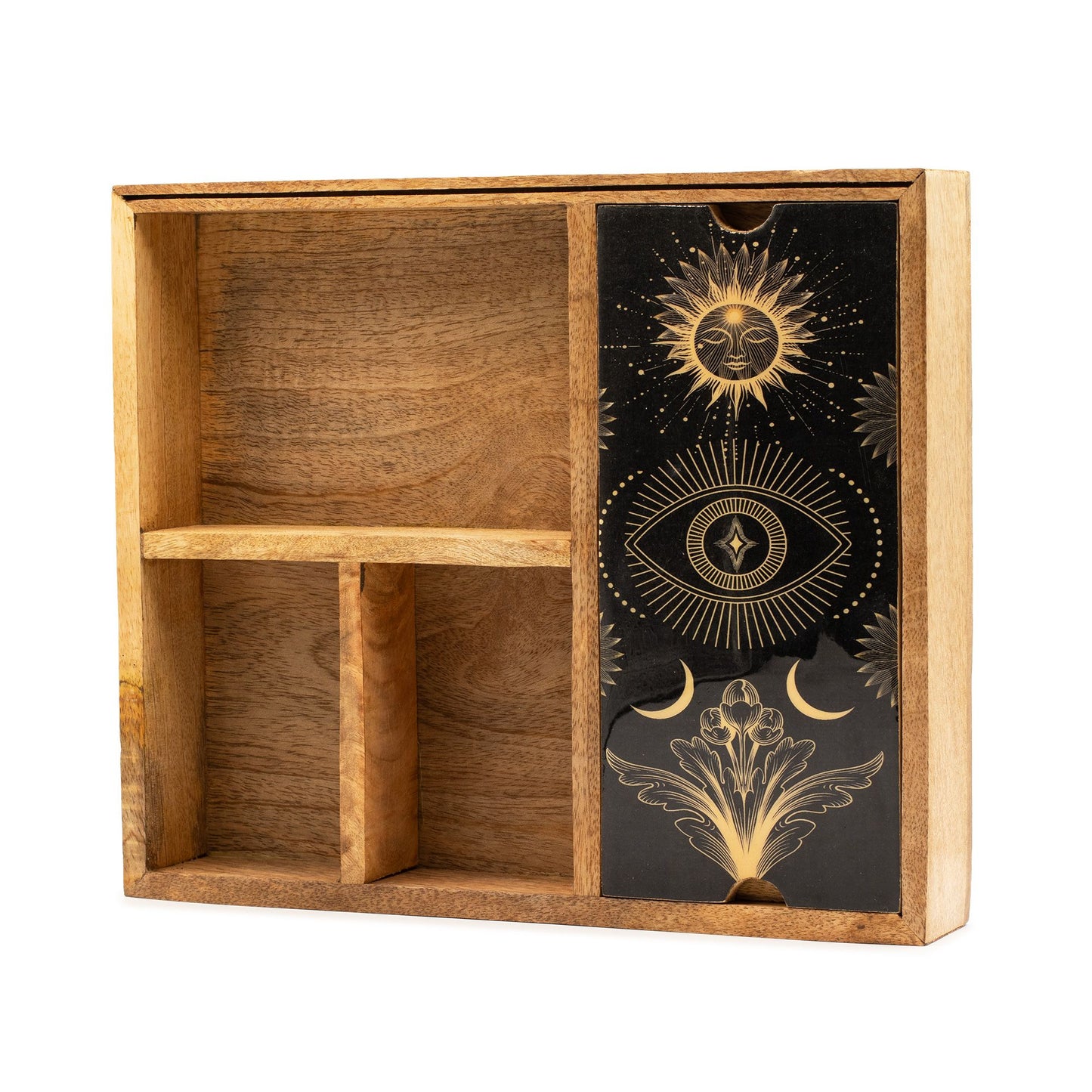 Vierfach unterteilte Tarot-Box mit Kartenhalter