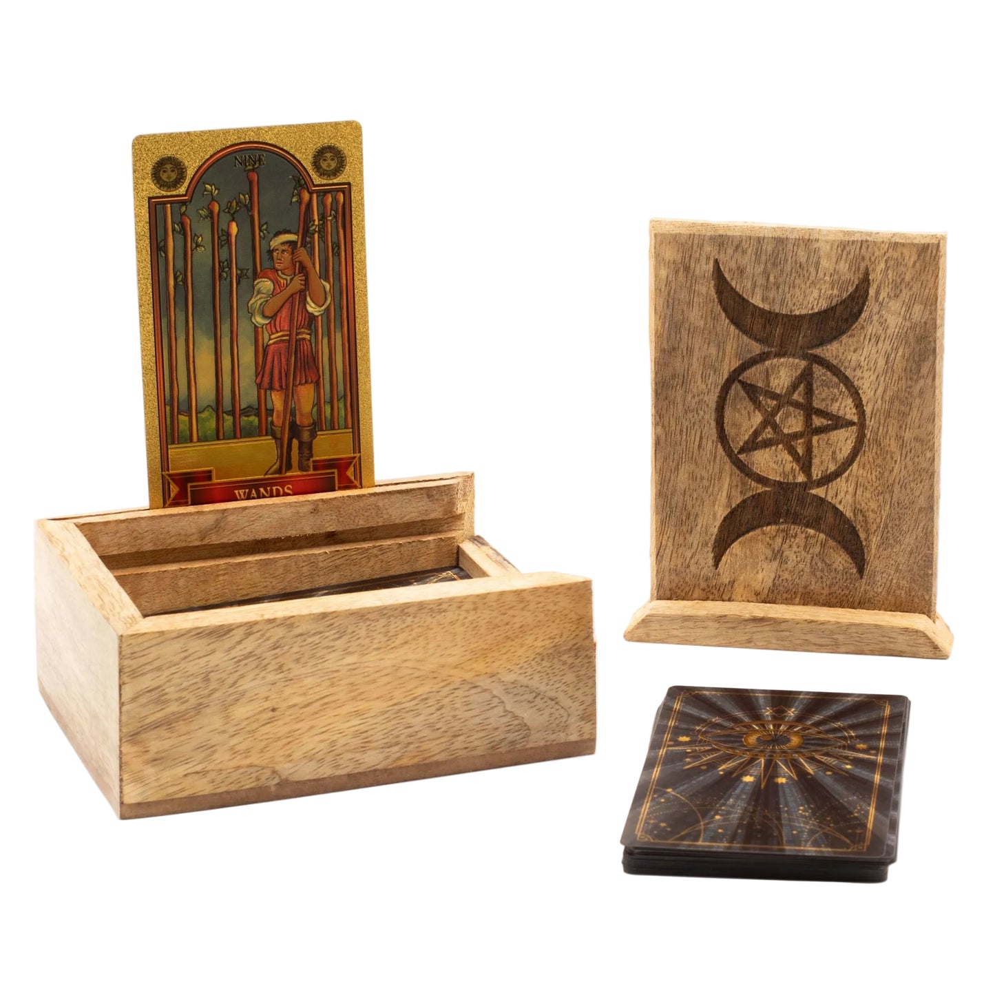 Tarotkartenbox aus Mangoholz mit Kartenfach und Aufsteller