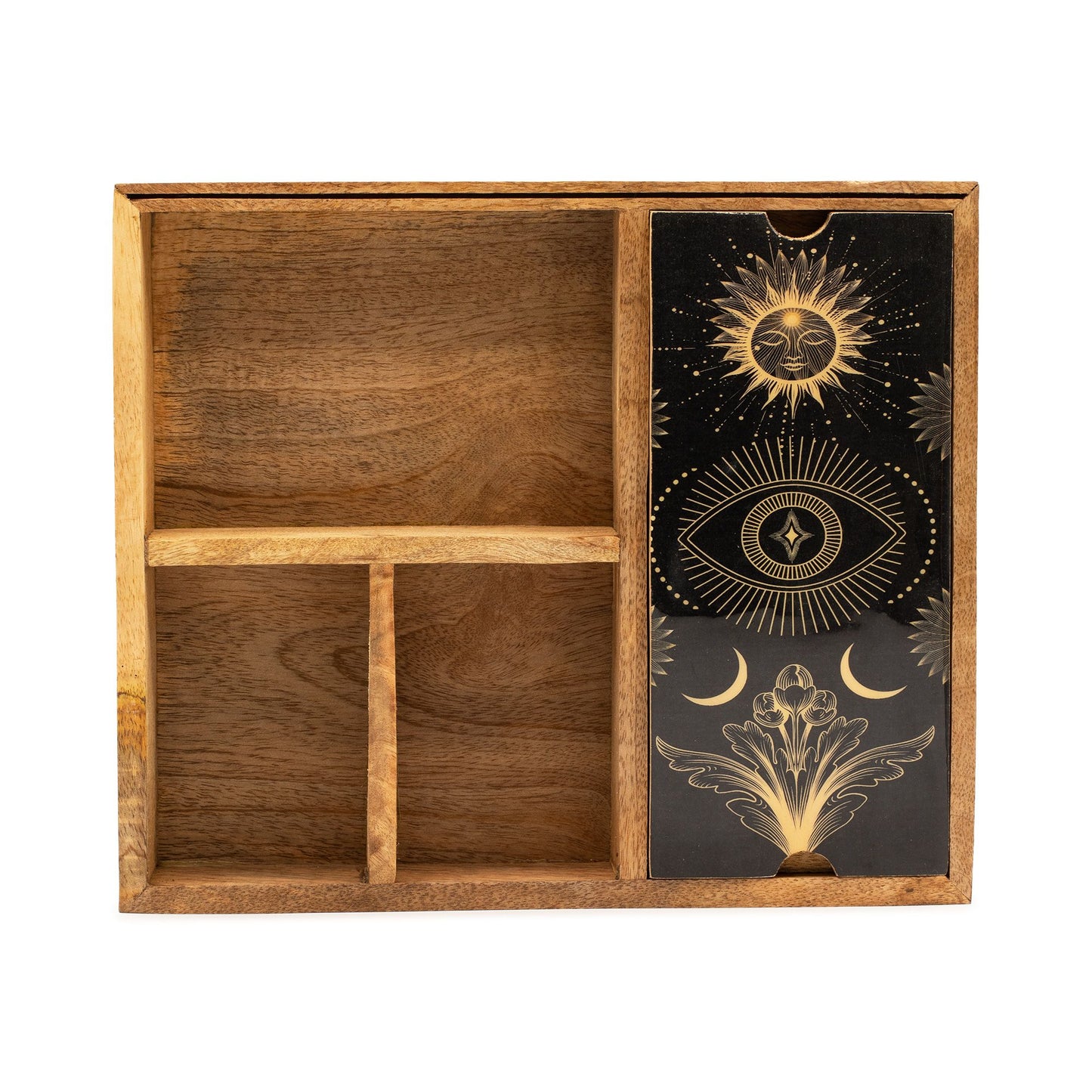 Vierfach unterteilte Tarot-Box mit Kartenhalter