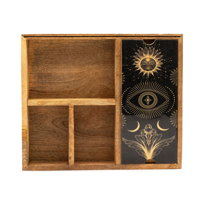 Vierfach unterteilte Tarot-Box mit Kartenhalter