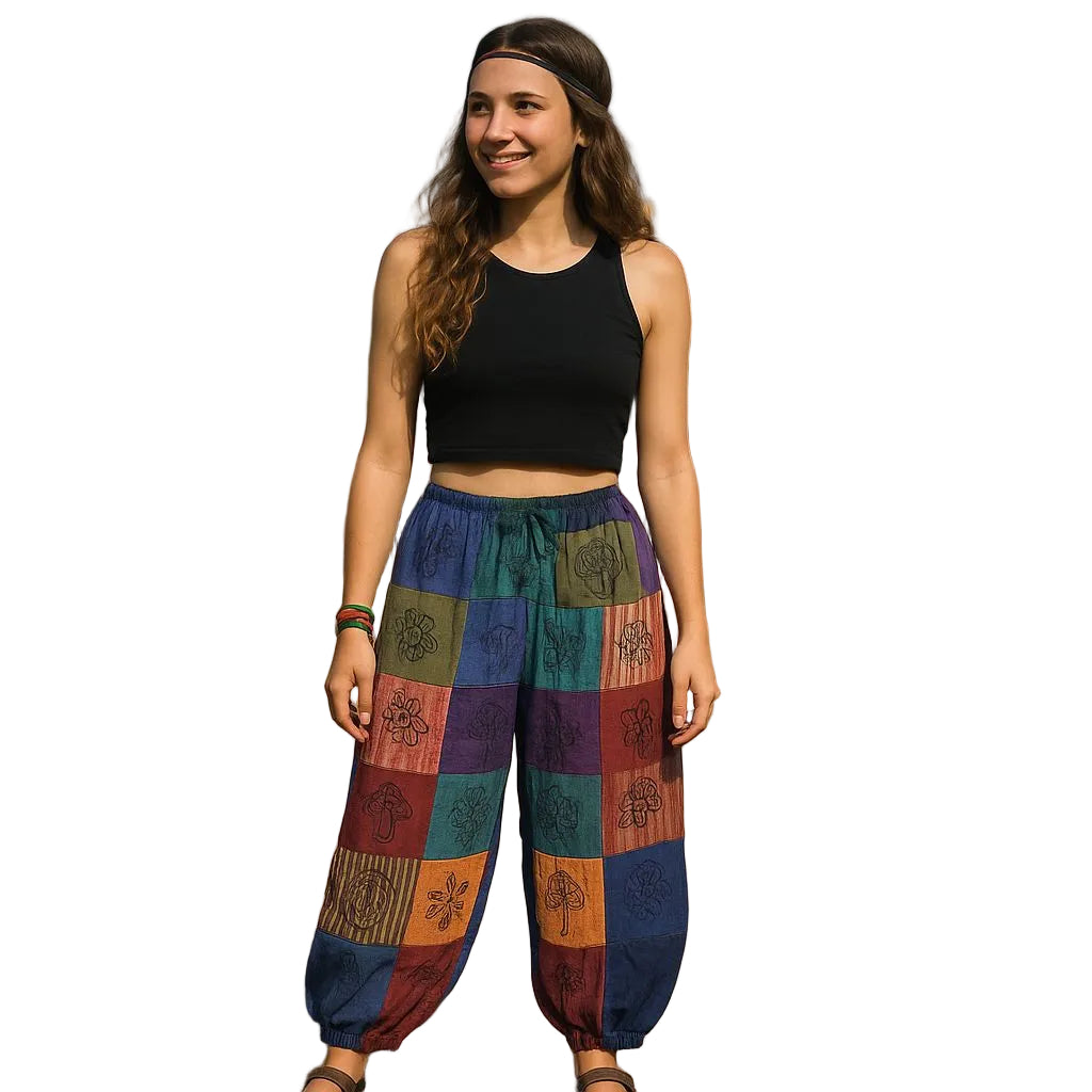 Nomad Sari Mushroom-Hose mit Blockdruck in lila Tönen, S / M