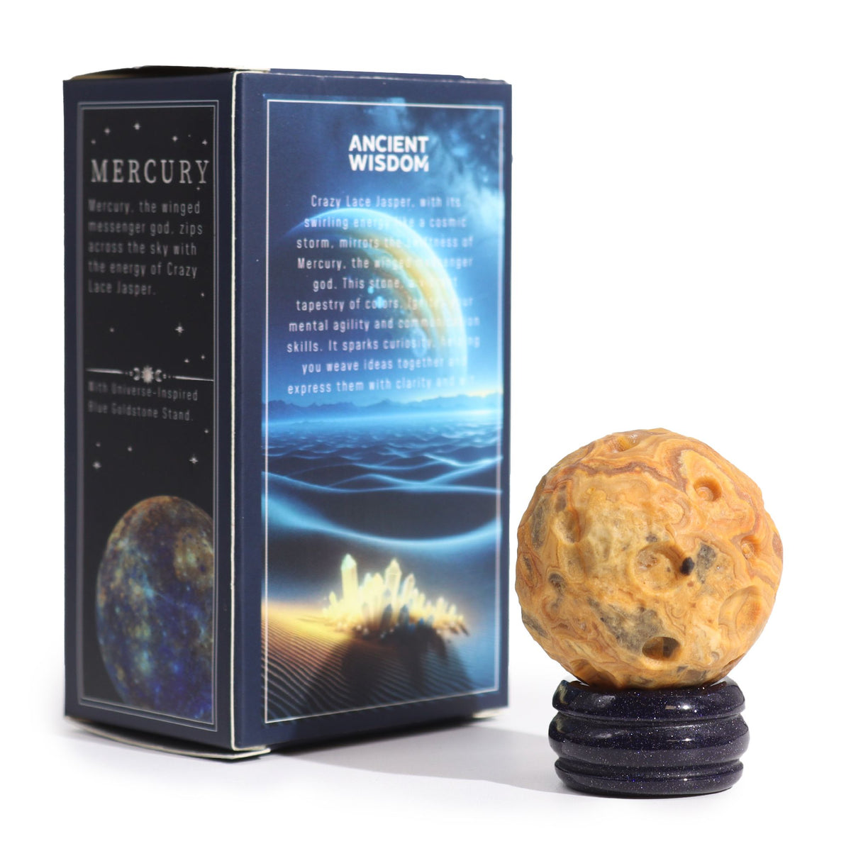 Planet aus Crazy Lace Jasper auf einem Sola Goldstone-Ständer - Merkur