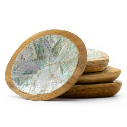 Set aus 4 Teakholz-Schalen mit Muscheldekor